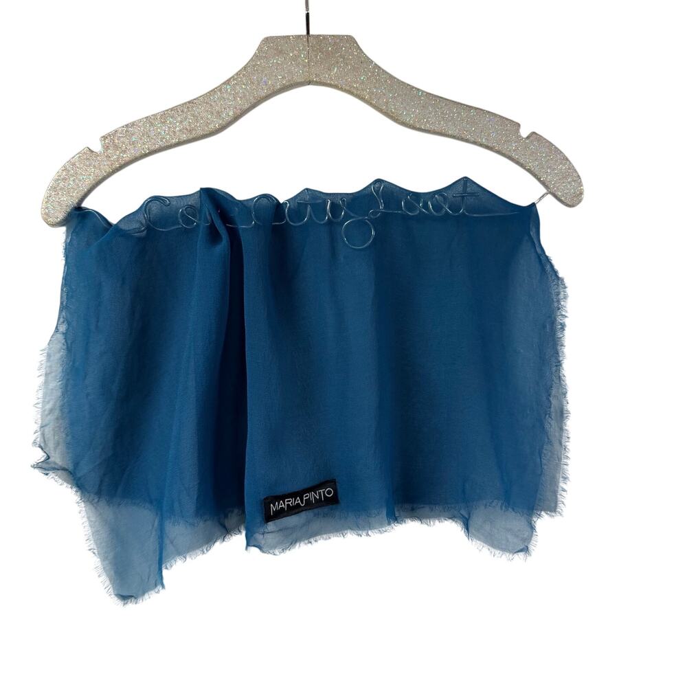 Maria Pinto Blue Semi Sheer Square Scarf Raw Hem Silk